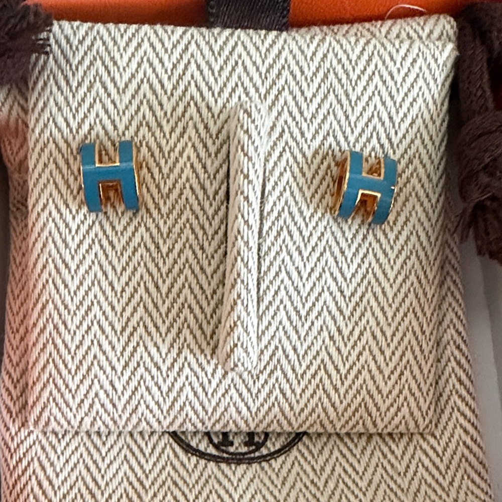 Hermes mini pop H earrings Bleu Jean/Gold